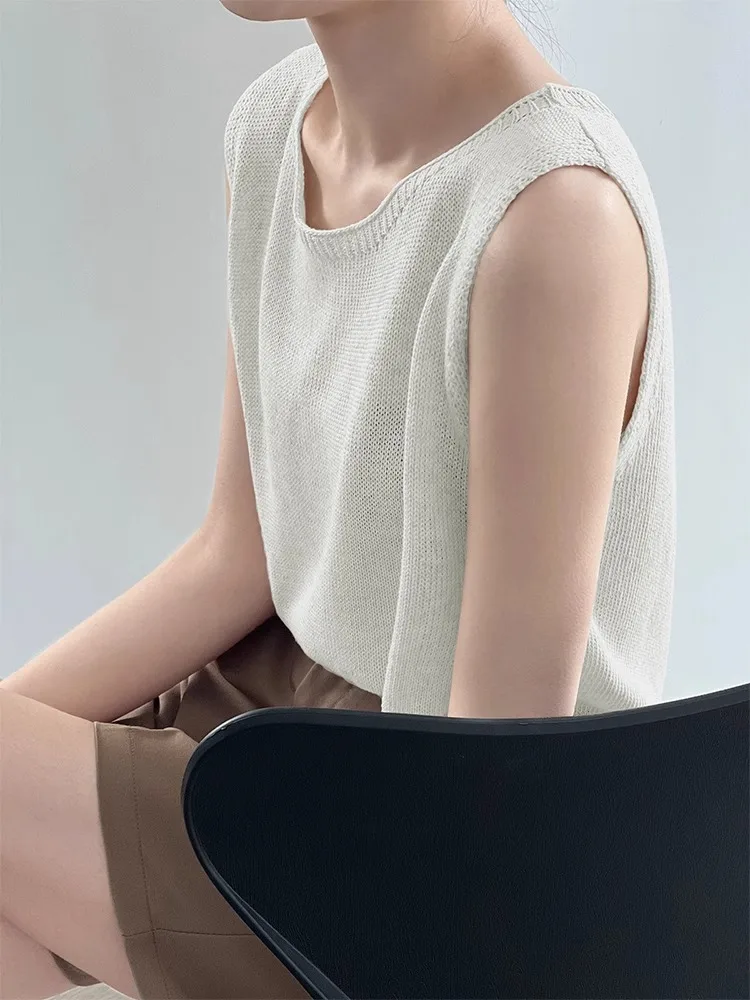 Gilet da donna con cinturino in lino Capispalla estivo Abbinamento interno Sciolto Svel Base lavorata a maglia irt Sottile ort Colore puro Pendolarismo...