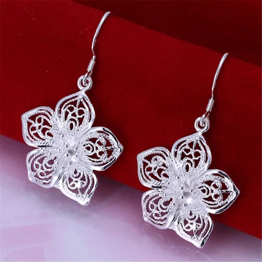 

High quality silver Plated beautiful flower earrings hot selling fashion jewelry E035 Free shipping Christmas gifts