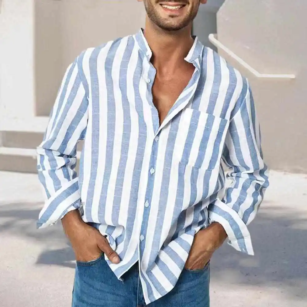 

Longsved Men's Casual Striped Print Long Sve irt Slim Fit Cotton Blend Fabric Youthful Sle Four Seasons Wear