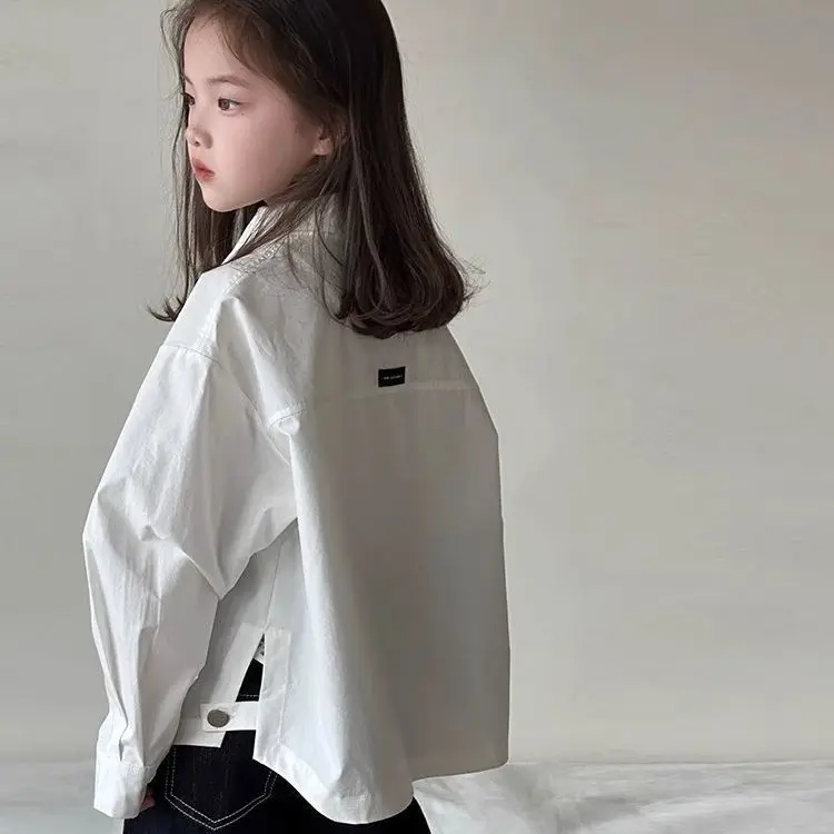 Girls' Long Sleeved Shirt Spring 2026 New Children's Korean Version, Versatile Loose and Stylish White Shirt for Children