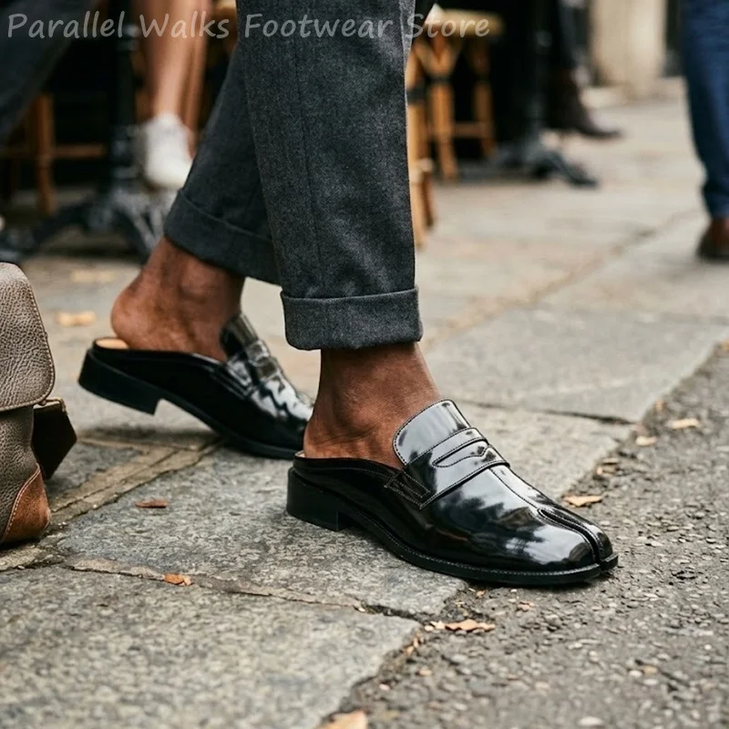 Mocasines de charol para hombre con puntera dividida, sin talón, sin cordones, para vestir, informales, de verano, para exterior, tipo pantuflas, calzado de media pantufla