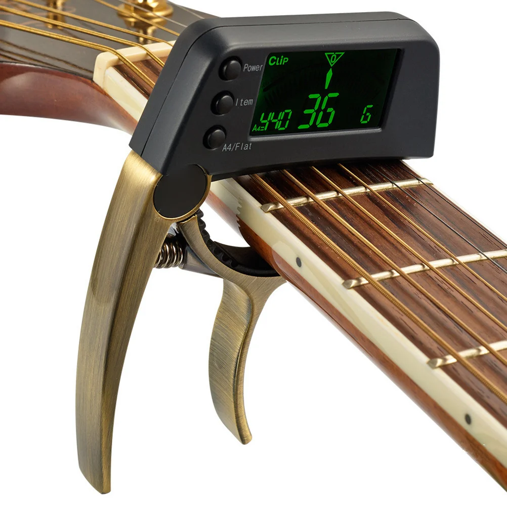 

Electric Digital Lcd Guitar Tuner Capo 2-In-1 Ultra Bright Display Color Change Indicator High Sensitivity Clip-On For Acoustic