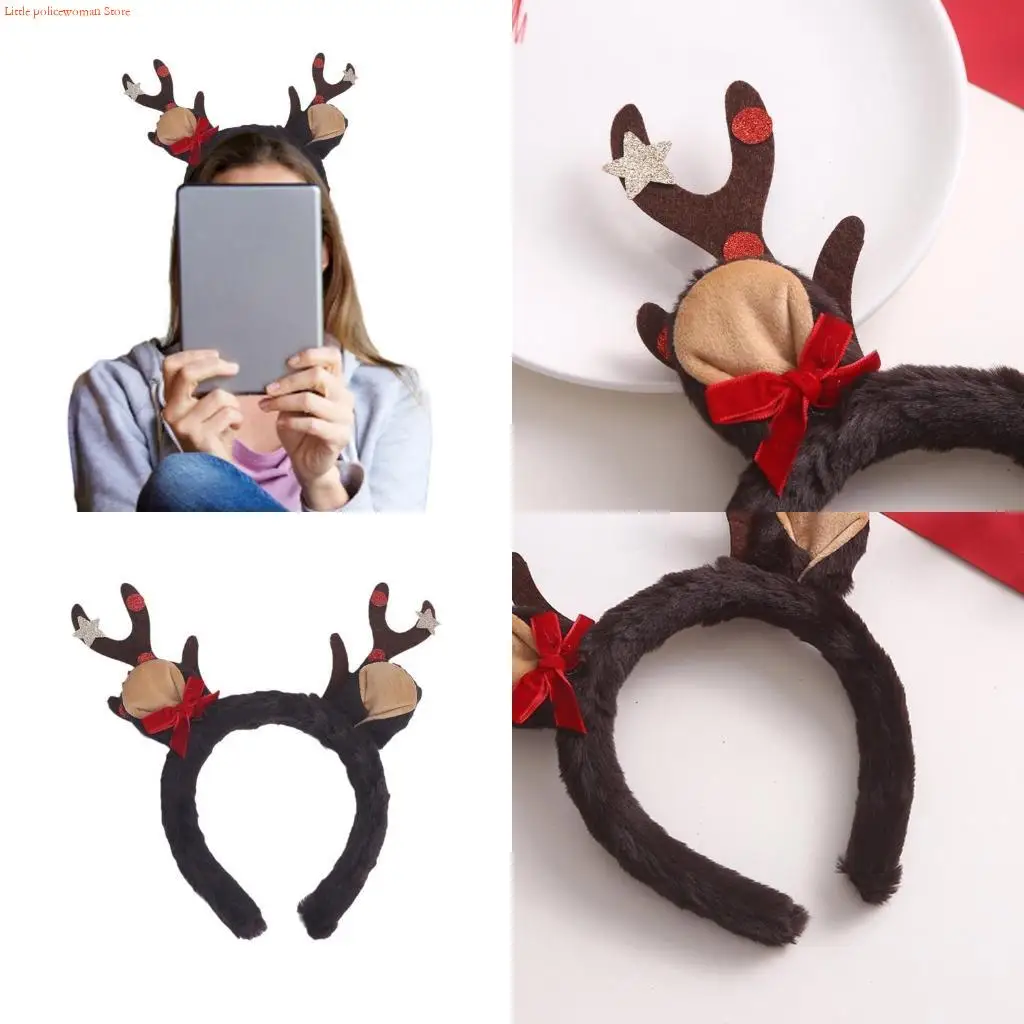 F92D Reindeer Antler Hair Hoop Teens Women Photoshoots Hair Holder Christmas Cosplay Party Headwear with Red Bowknot