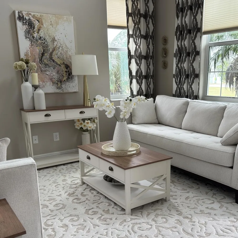 طاولة المدخل، طاولة كونسول ضيقة للمزرعة مع درج لغرفة المعيشة/المدخل، أبيض عاجي