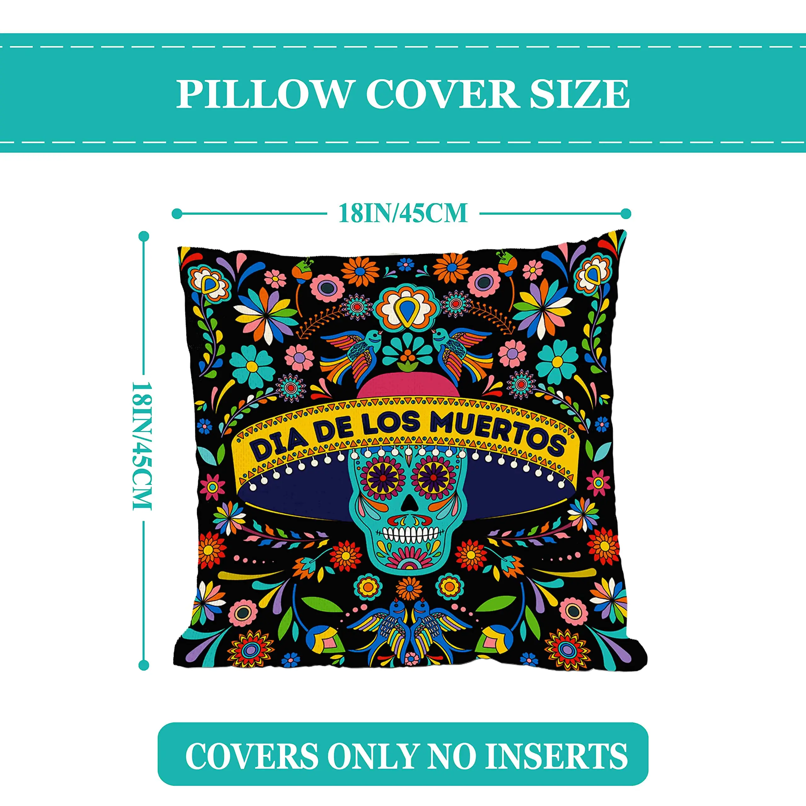 Dia De Los Muertos Fundas de almohada con diseño de calavera de azúcar y flores, Juego de 4 fundas de almohada del Día de los Muertos, decoraciones para fiestas de Fiesta mexicana