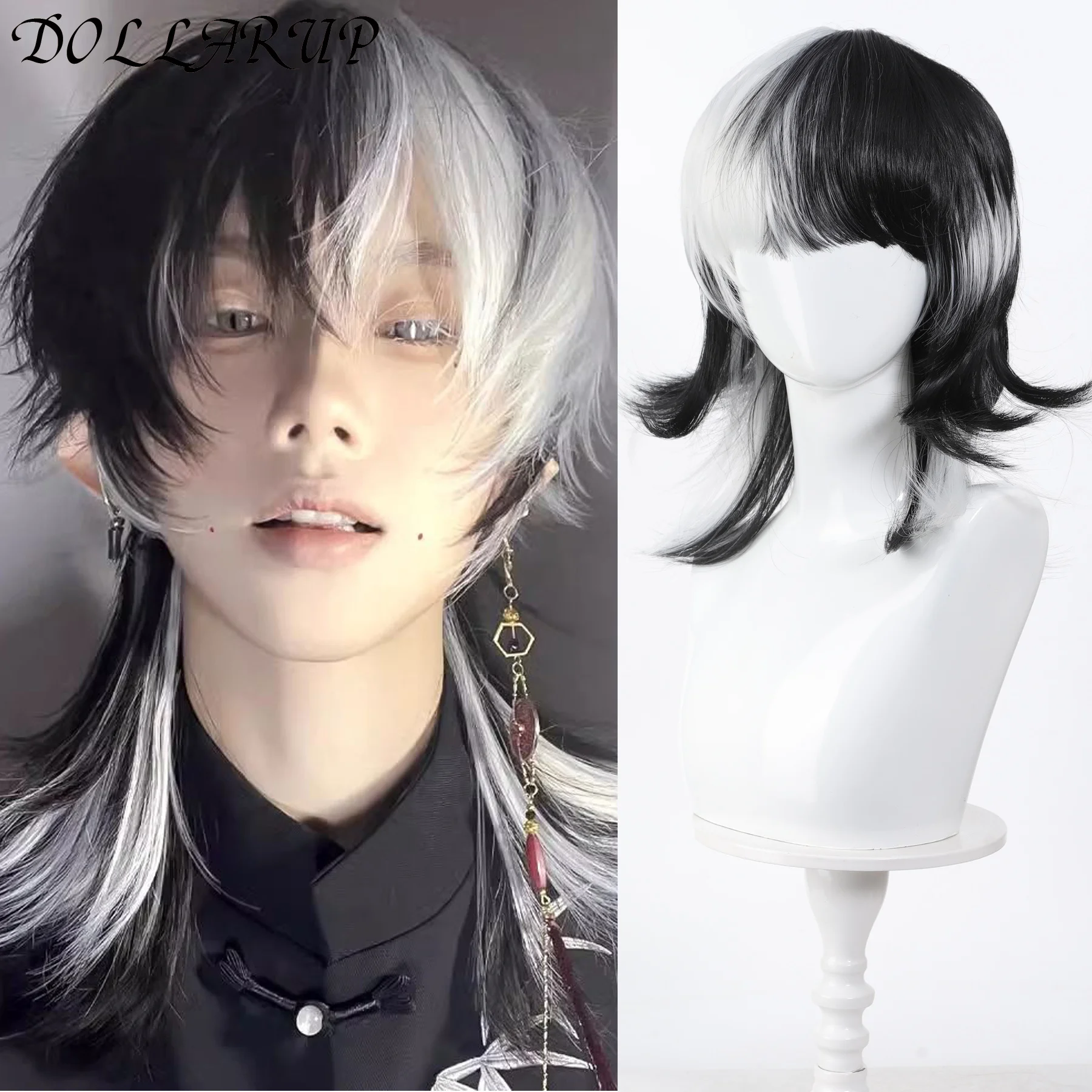 DOLLARUP Short Mullet Head Wigs with Bangs Synthetic Straight Anime Men Black White Gray Green Hair Wig for Daily Party Cosplay