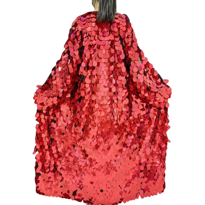 

Red Sequins Mesh Loose Extra long Coat Bar Concert Women Singer Stage Wear Christmas Party Festival Clothing Drag Queen Costume