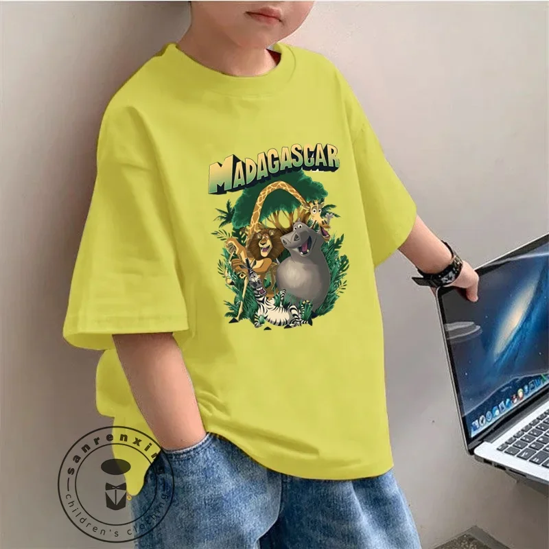 Summer Kids T-Shirt Cute Funny Madagascar Cartoon Graphic Soft Breathable Loose Fashionable Casual Top for Students