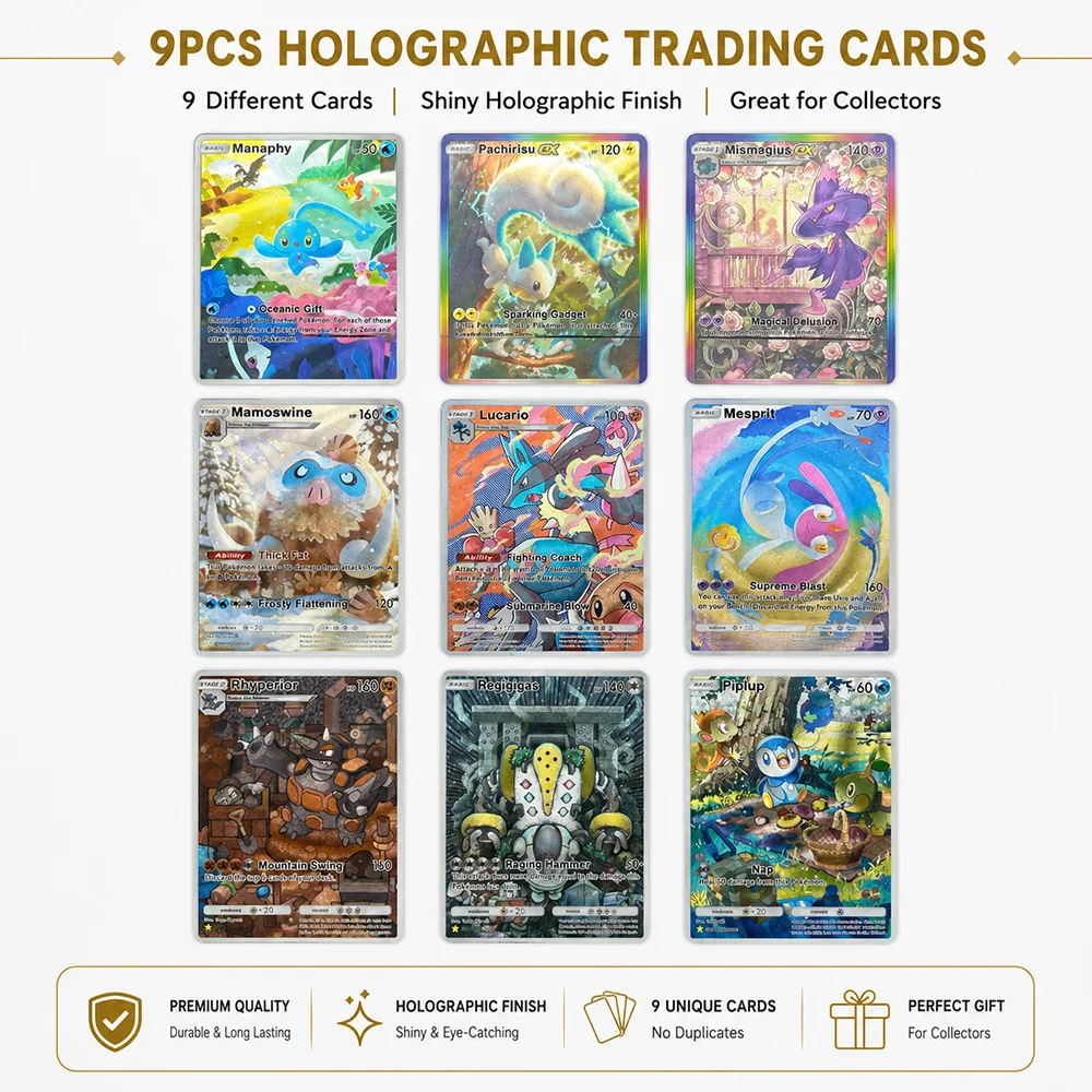 Lot de 9 cartes à collectionner PTCG Anime Full Art Holo Manaphy Pachirisu Mismagius Lucario Mesprit Premium Foil Collector Set
