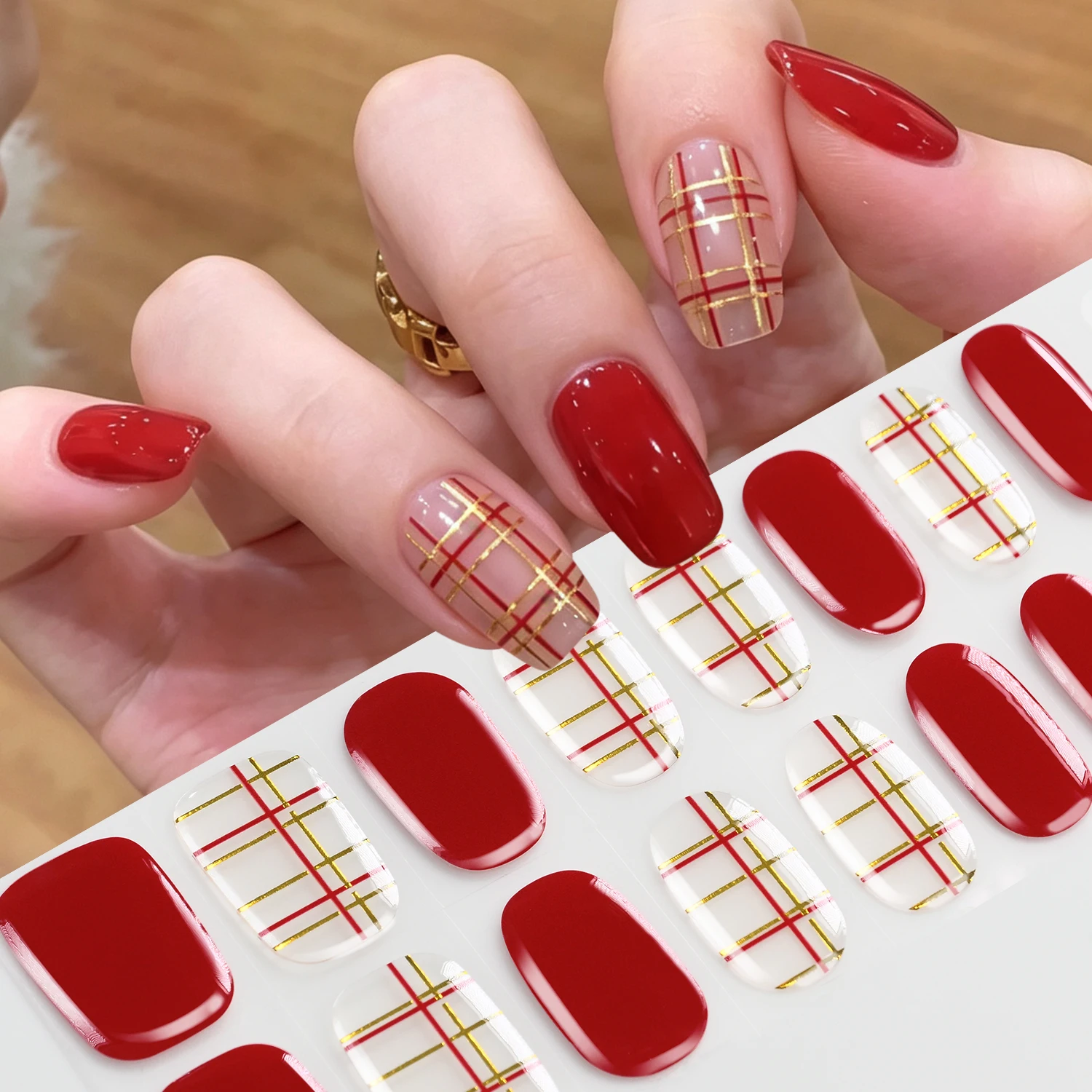 16Tips Red Gold Plaid Baking-Free Gel Nail Stickers Glossy Full Nails Wraps for Holiday Party Daily Self Adhesive Manicure Decal