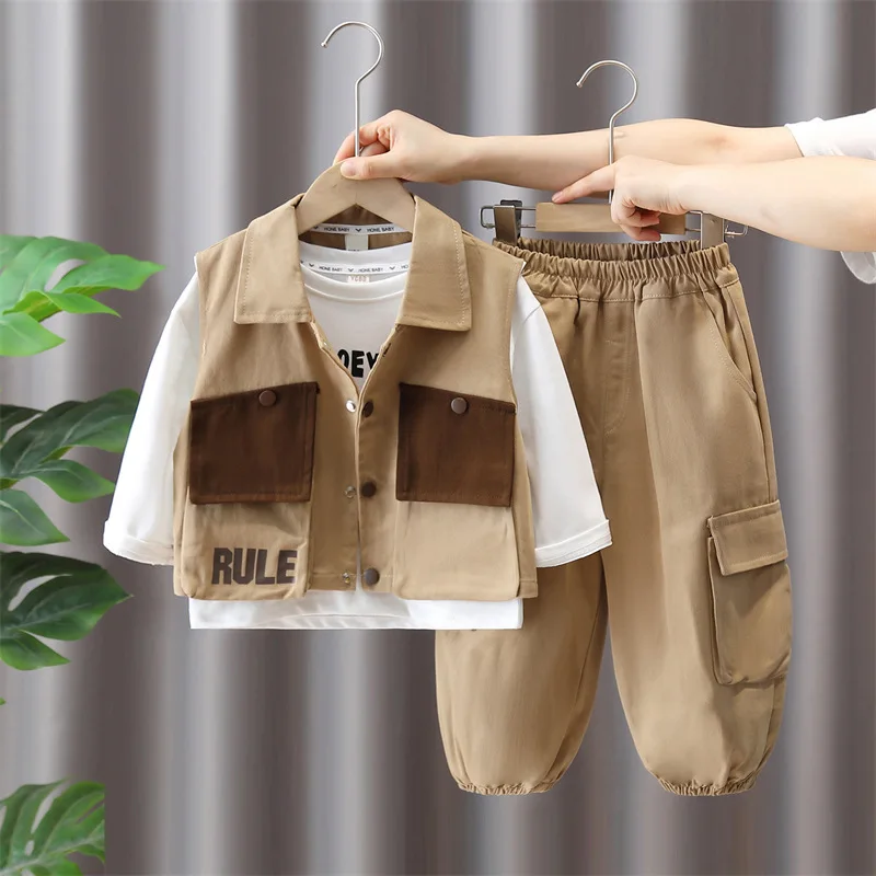 Spring Autumn Teen Boys 3PCS Clothes Set Fashion Vest+T-shirts+Cargo Pants Suit Toddler Boys Outfit 90-150cm