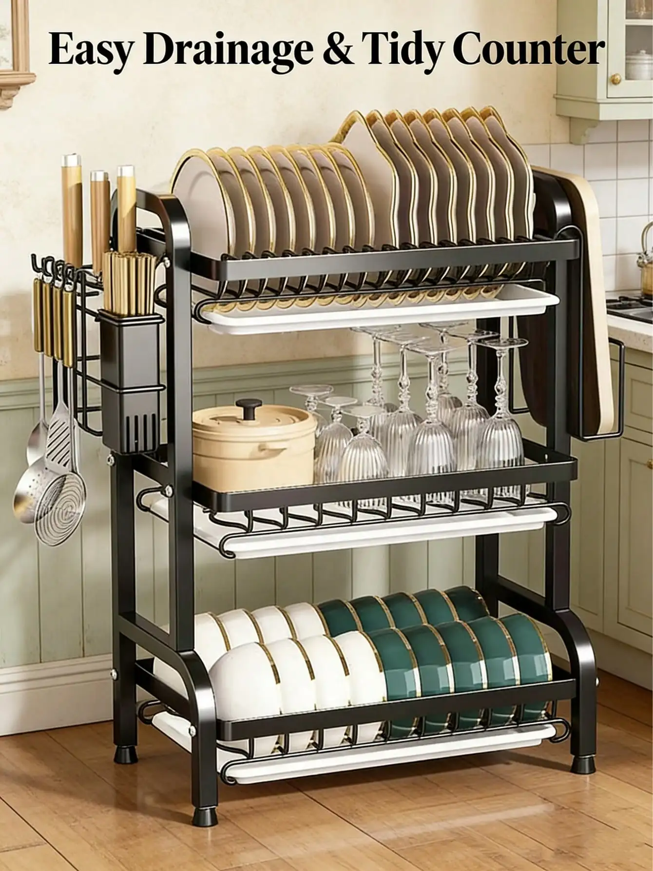 3-Tier Over Sink Heavy Duty Stainless Steel Dish Drying Rack, Rustproof Extra-Large Capacity Non-Slip Kitchen Counter