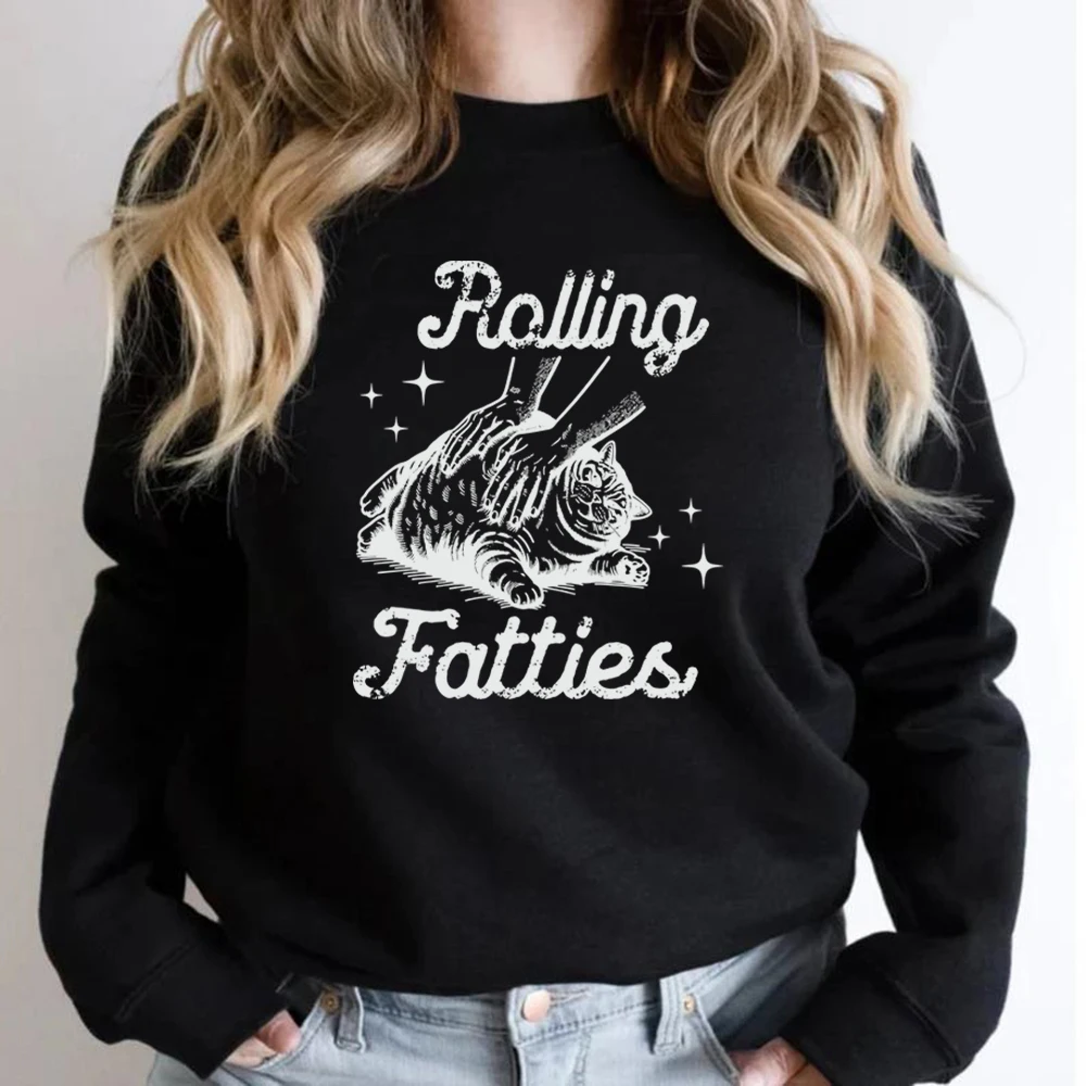 Rolling Fatties Cat Sweatshirt Funny Cat Graphic Hoodies Unisex Long Sleeve Sweatshirt Cat Lovers Gift Casual Crewneck Pullovers