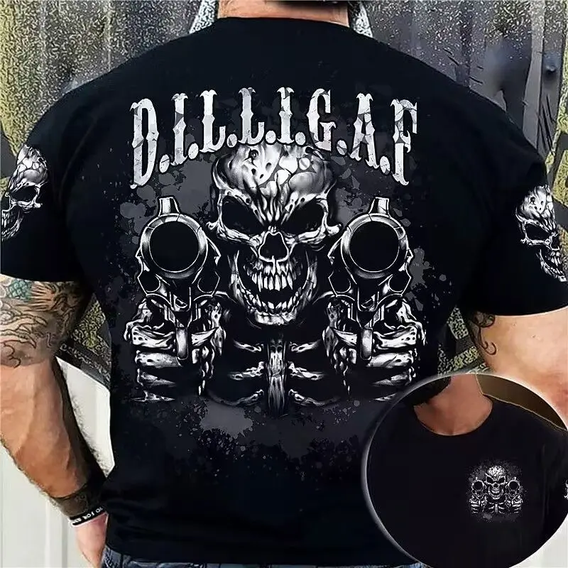 2025New Summer Hot Sale Double Gun Skull Digital Printing Short Sleeve Boys Handsome Personality Crew Neck T-Shirt Top image 3