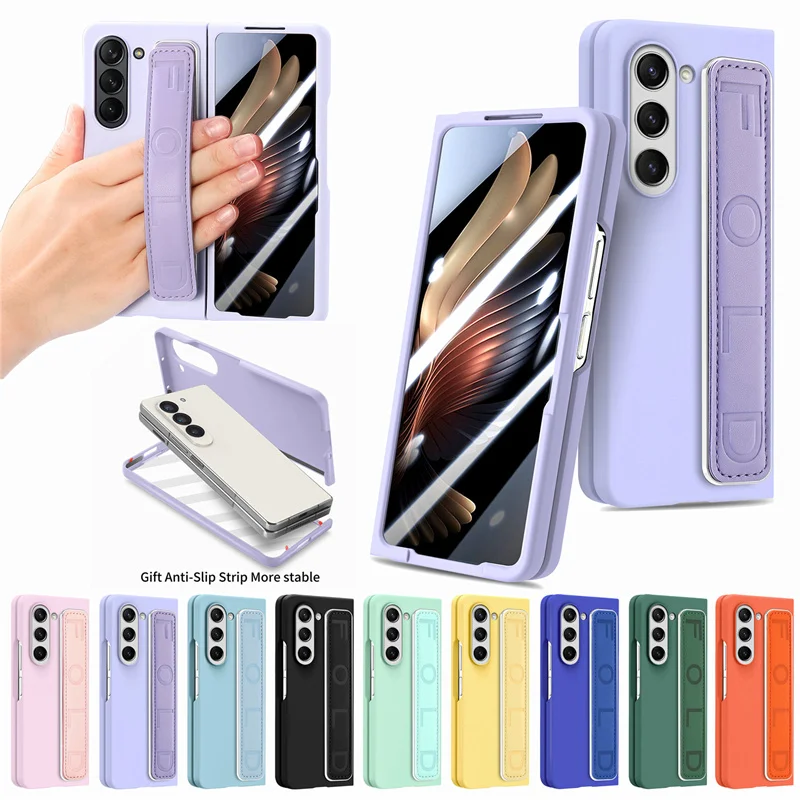 

For Samsung Galaxy Z Fold 6 5 5G Shell Film Integrated Phone Case with Strap Elastic Finger Wristband Shockproof Hard Cover