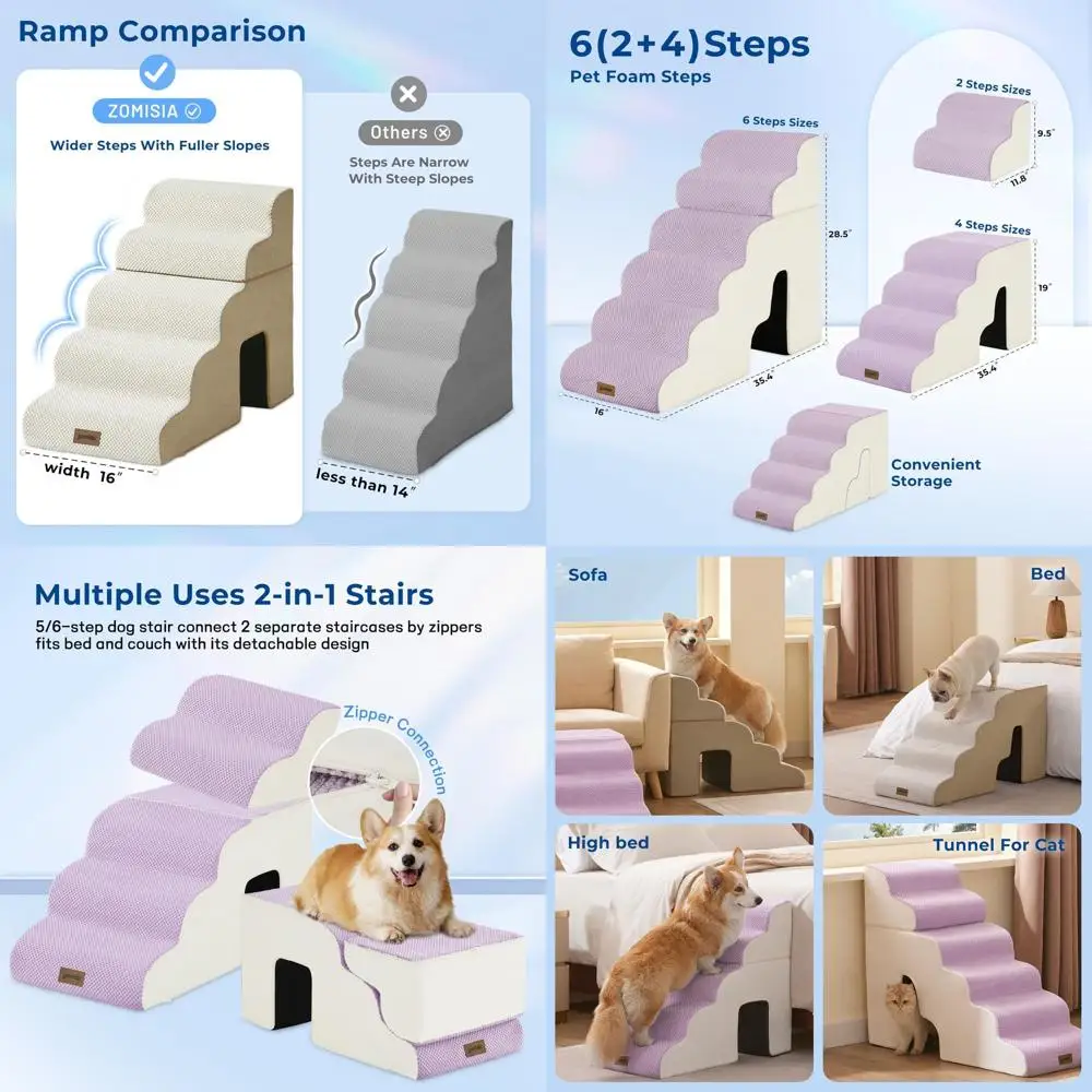 

6-Step 29 High Pet Stairs with Tunnel for Large Dogs and Cats, Indoor Non-Slip Cat Ladder, Beige