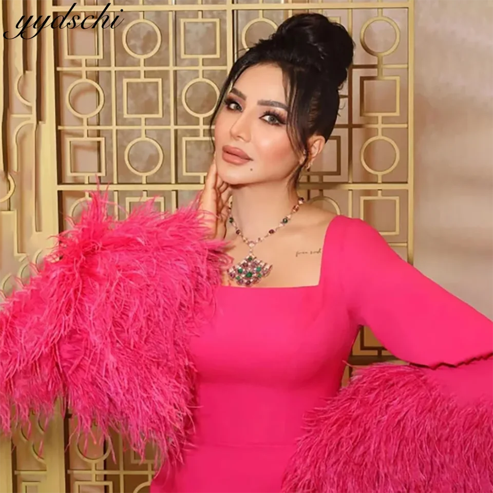 

Arabic Dubai Elegant Fuchsia Feather Mermaid Evening Wedding Dresses 2024 Floor Length Formal Bridal Gowns For Plus Size Women