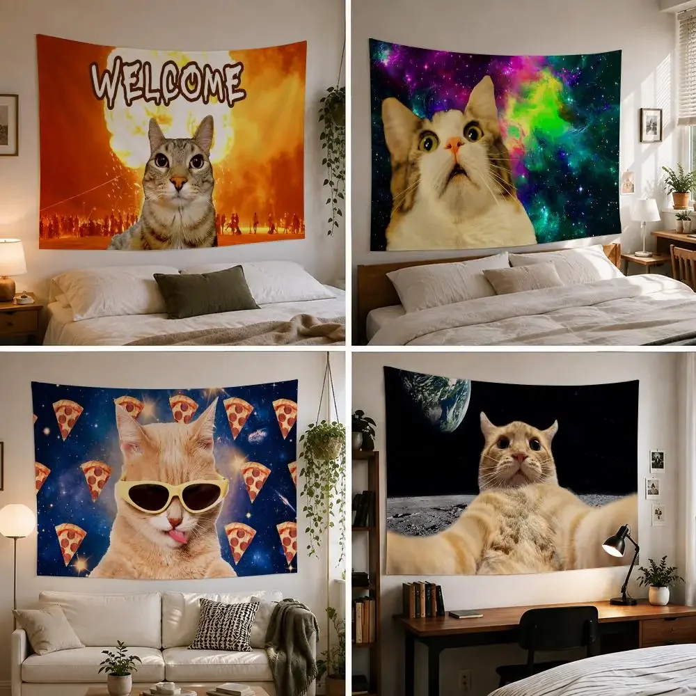 Cosmic Meme Cats Fantastic Collection Tapestry Bedroom Party Dormitory Interior Wall Bohemian Decoration Attached Clip