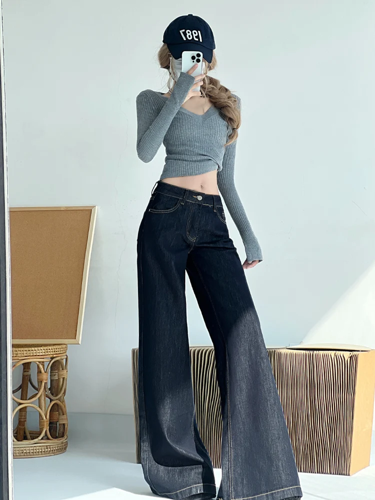 Calça jeans feminina solta, cintura baixa, perna larga, vintage, azul profundo, drapeada, motonável, sino bot