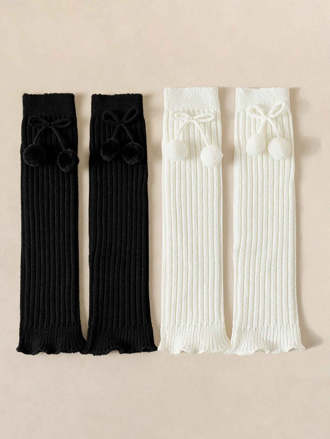 2/1 Pairs of Girls' Soild-color Korean style Knitted Leg Warmers with Pom Pom Bow,Cute Ruffle Calf Socks for Back to School Wear