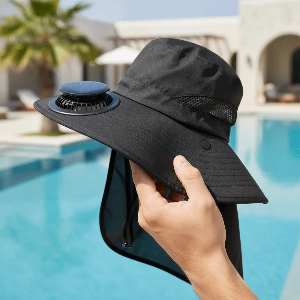 Portable Solar Rechargeable Fan Hat Long-lasting Adjustable Fishing Sun Shading Cap with Face Cover 300mA Wide Brim Fan Hat view 4