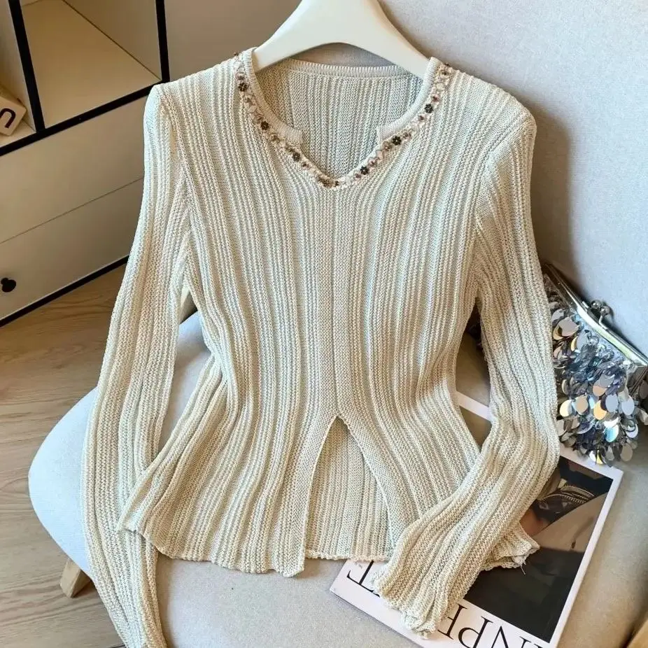 

Korean V-Neck Women's Knits Autumn Winter Solid Color College Tops Slimfit Slit Design Long Sleeves Pullover Sweater