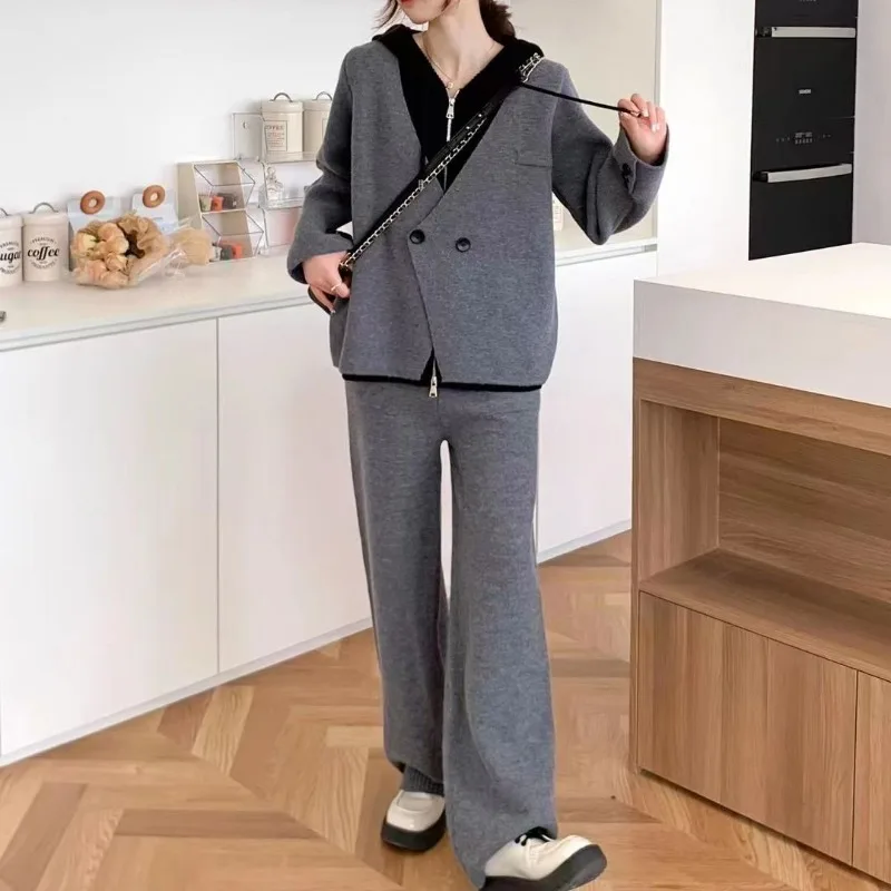 Korean Harajuku BF Style Fake Two-piece Knitted Set Women Outfit Autumn Winter Hooded Knitwear and Casual Wide Leg Pants Suits