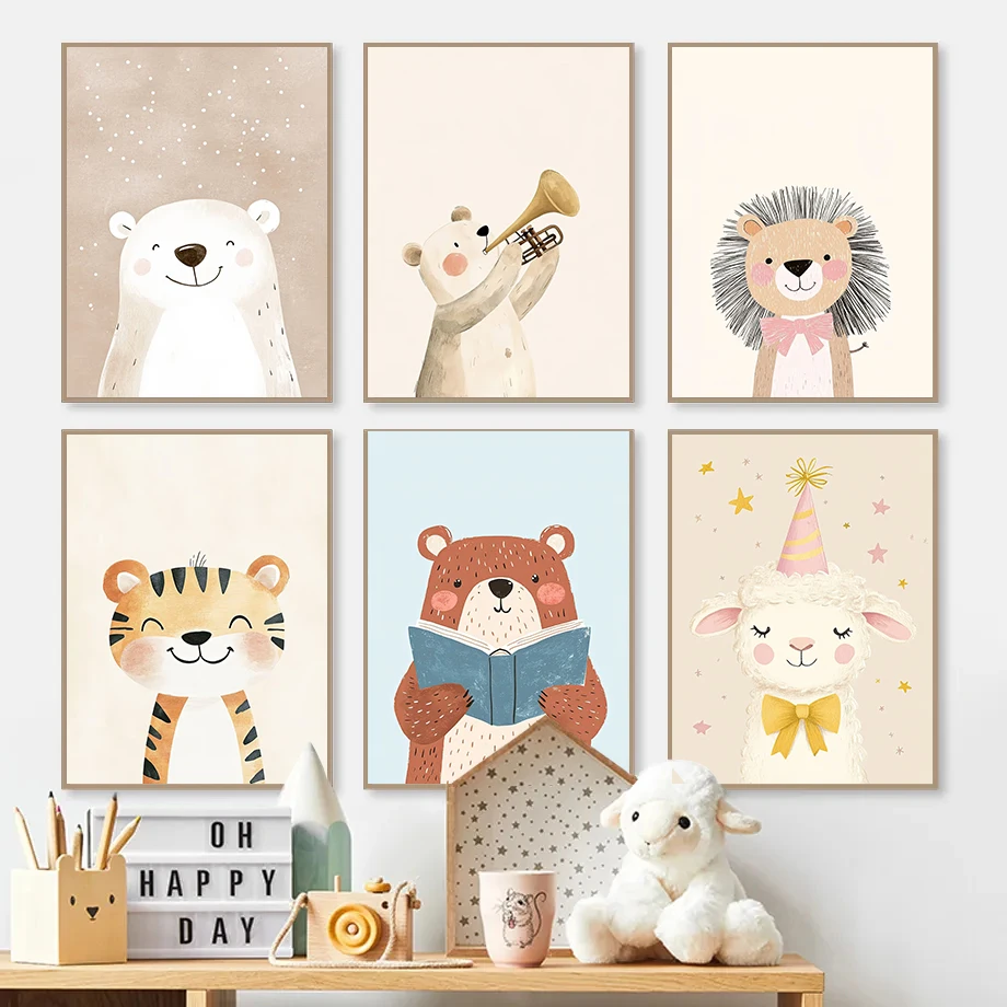 Smiling Animals Watercolor Posters Cute Tiger Giraffe Birthday Party Prints Canvas Painting Wall Pictures Home Kid's Room Decor