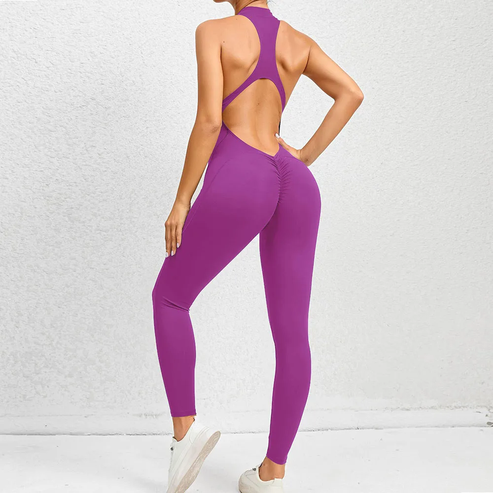 

‌Zip Front Yoga Bodysuit Women Cut Out Back Sexy Workout Leotard Fitness Jumpsuit Female Gym Set Active Wear Training Ropmers