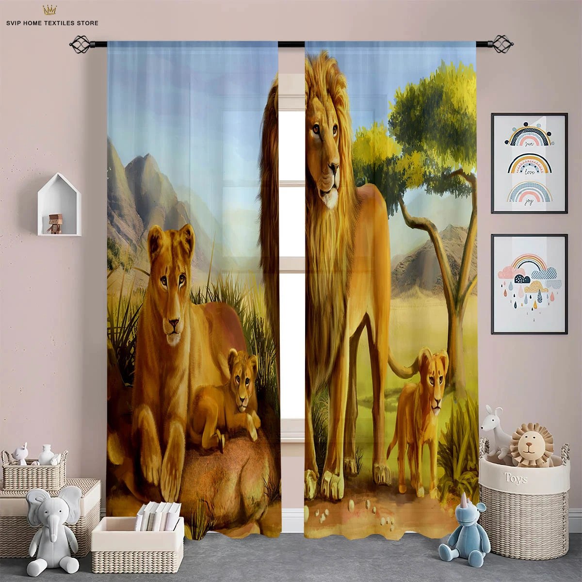 Animal 3D Printing Curtains, Home Decoration, Suitable for Bedroom, Kitchen, Living Room, Study Room, Prairie, Lion, Tiger