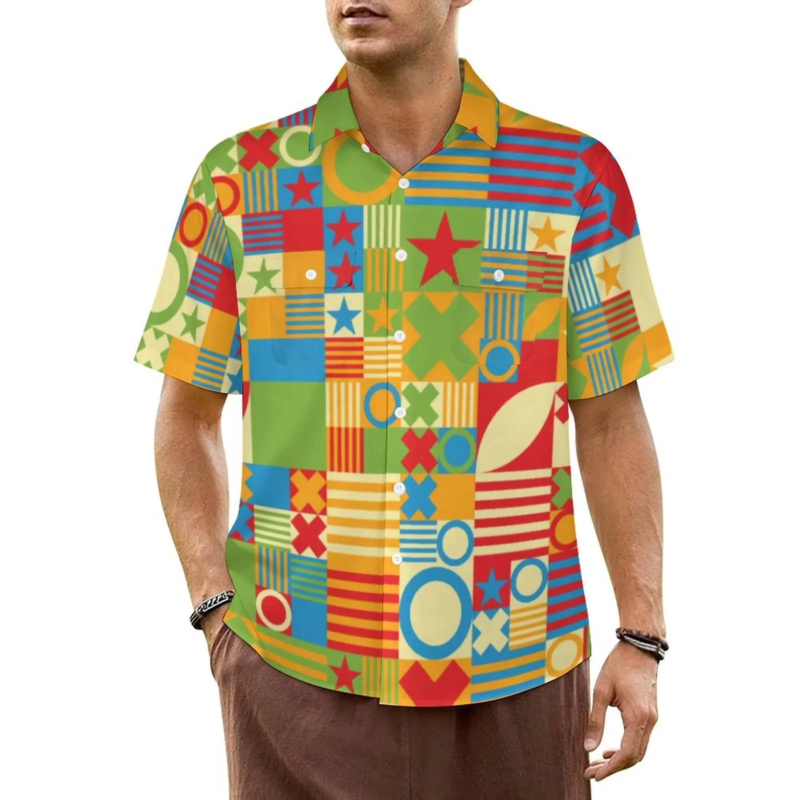 Figures Retro 60s Hawaiian Shirt For Man Beach Colorful Geometric Casual Shirts Short Sleeve Streetwear Vintage Oversize Blouses