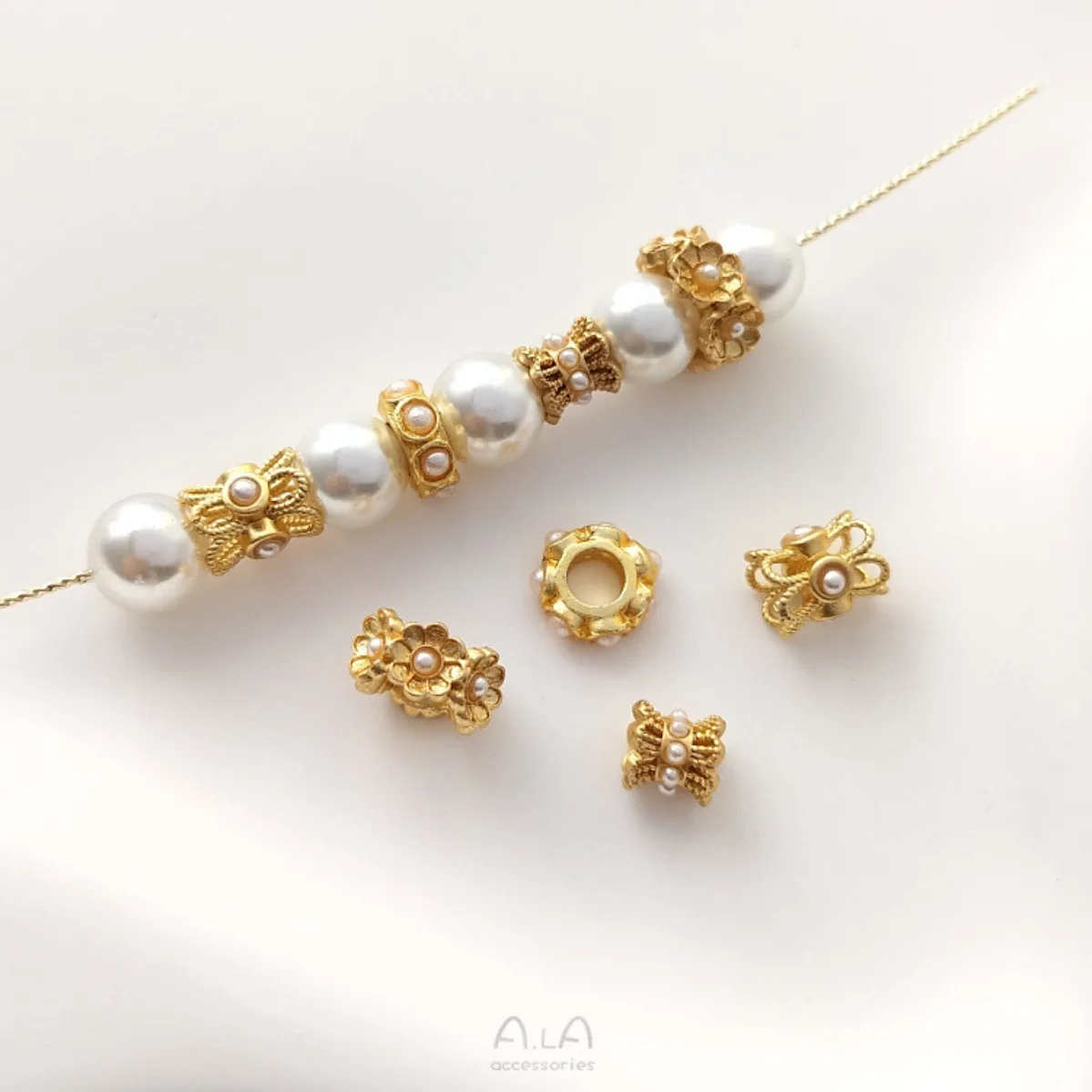 Matte Gold Plated Brass Large Hole Floral Ring Spacer Beads Inlaid Imitation Pearl Double Sided Flower Caps DIY Jewelry Findings