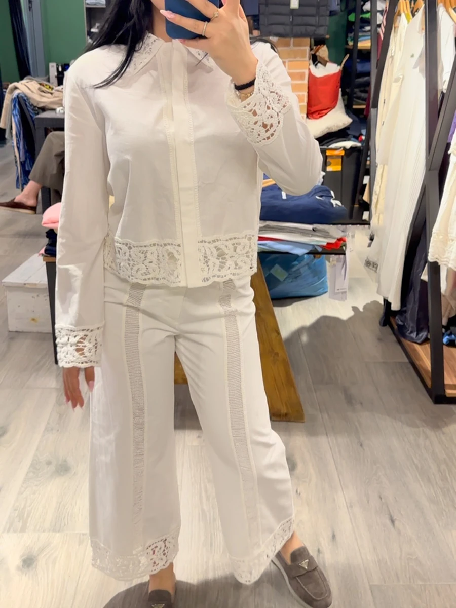 

Crochet Patchwork White 2 Piece Set Women Single Breasted Lapel Collar Long Sleeve Blouse Summer Chic Casual Wide Leg Pants Sets