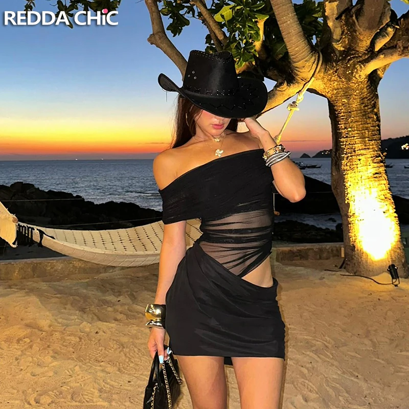 

ReddaChic See Through Mesh Bodycon Dress for Women Summer Sexy Ruched Mesh Stitch Off Shoulder Mini Dress Party Night Clubwear