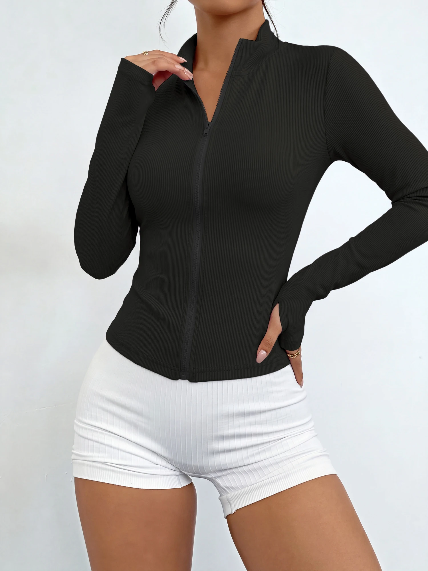 Women Basic Rib Knit Zip Up Outerwear Stand Collar Long Sleeve Cropped Jacket Daily Office Commute Coat