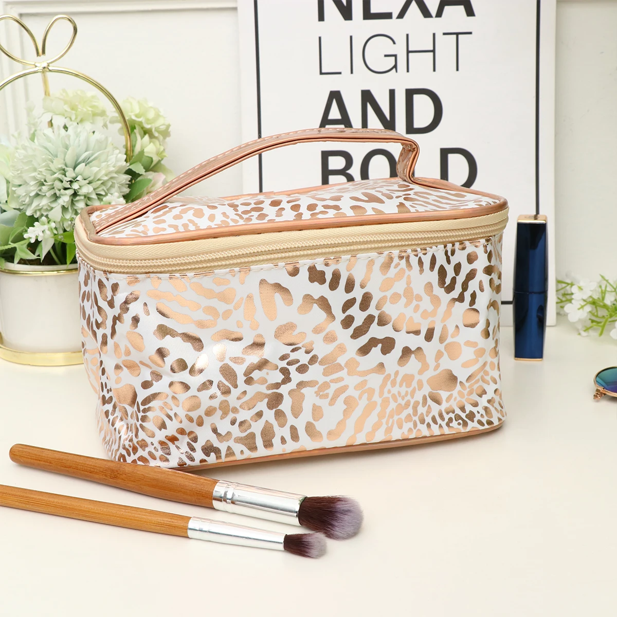 Bolsa con estampado de leopardo para mujer, contenedor de PU de gran capacidad con cremallera, contenedor de maquillaje con cremallera para viaje al aire libre