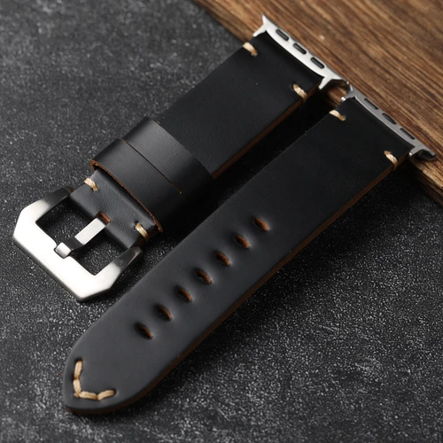 Imagen 1 del producto Correa de piel de vaca de capa superior de alta gama, compatible con Apple Watch 49MM 45MM 44MM 42MM 41MM correa de cuero gruesa negra, estilo retro Ul