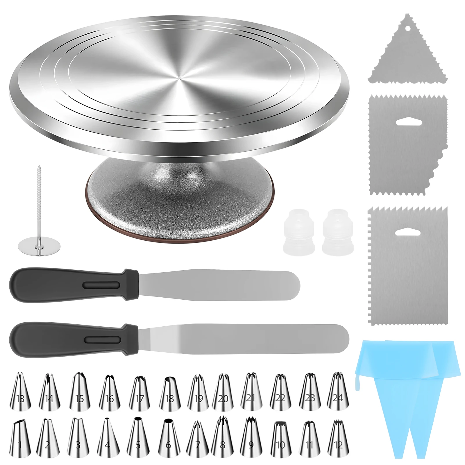 35-teiliges Tortenplatte-Set, 30 cm Aluminium-Drehständer mit 24 Spritztüllen, Edelstahl-Spatel, Schaber