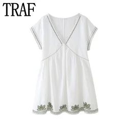 TRAF Embroidery White Dresses Woman Boho Summer Short Dresses For Women 2024 Short Sleeve Mini Dress Loose Casual Beach Dresses