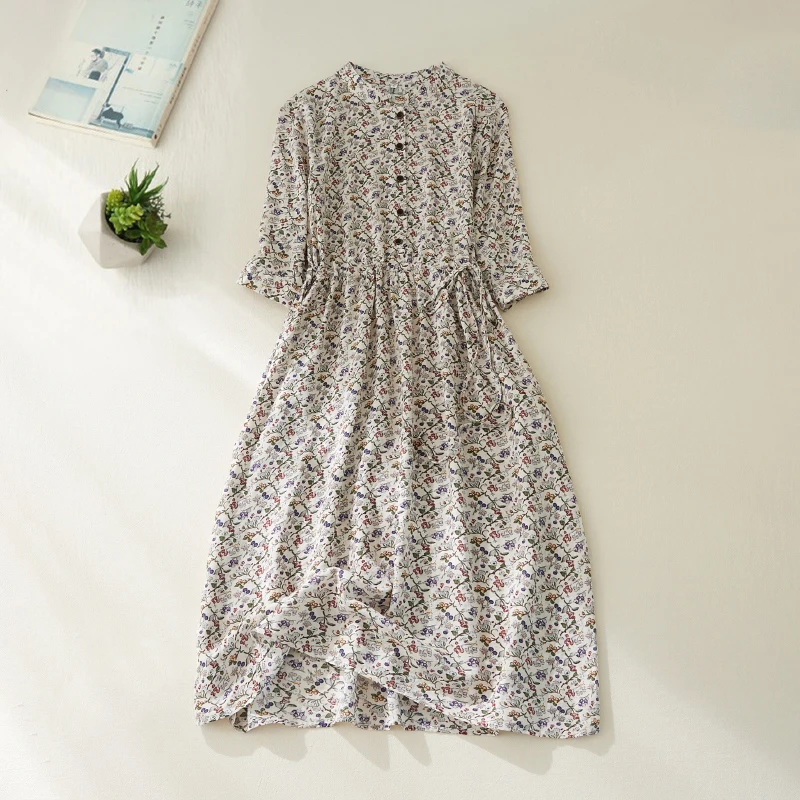 Anti-Aging Floral Cotton Linen Long Waist-Cinching Stand Collar Summer Dr Button-Up Slimming irt Dr for Women