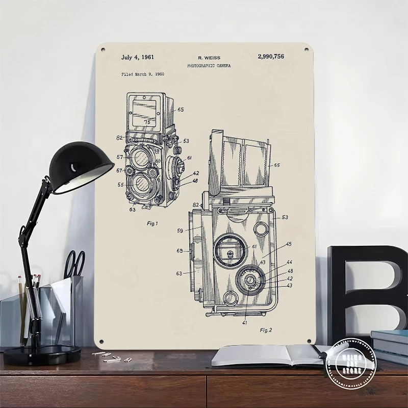 Rolleiflex Photographic Camera Patent Tinplate Poster Customized Wall Art Retro Vintage Metal Signs for Fans Bedroom Decoration