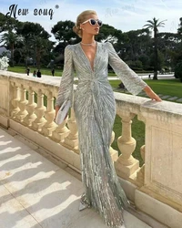 Customized Plunging Neck Beaded Evening Dress Elegant Sheath Dresses Formal Occasion Dresses Plus Size Dubai Prom Party Gowns