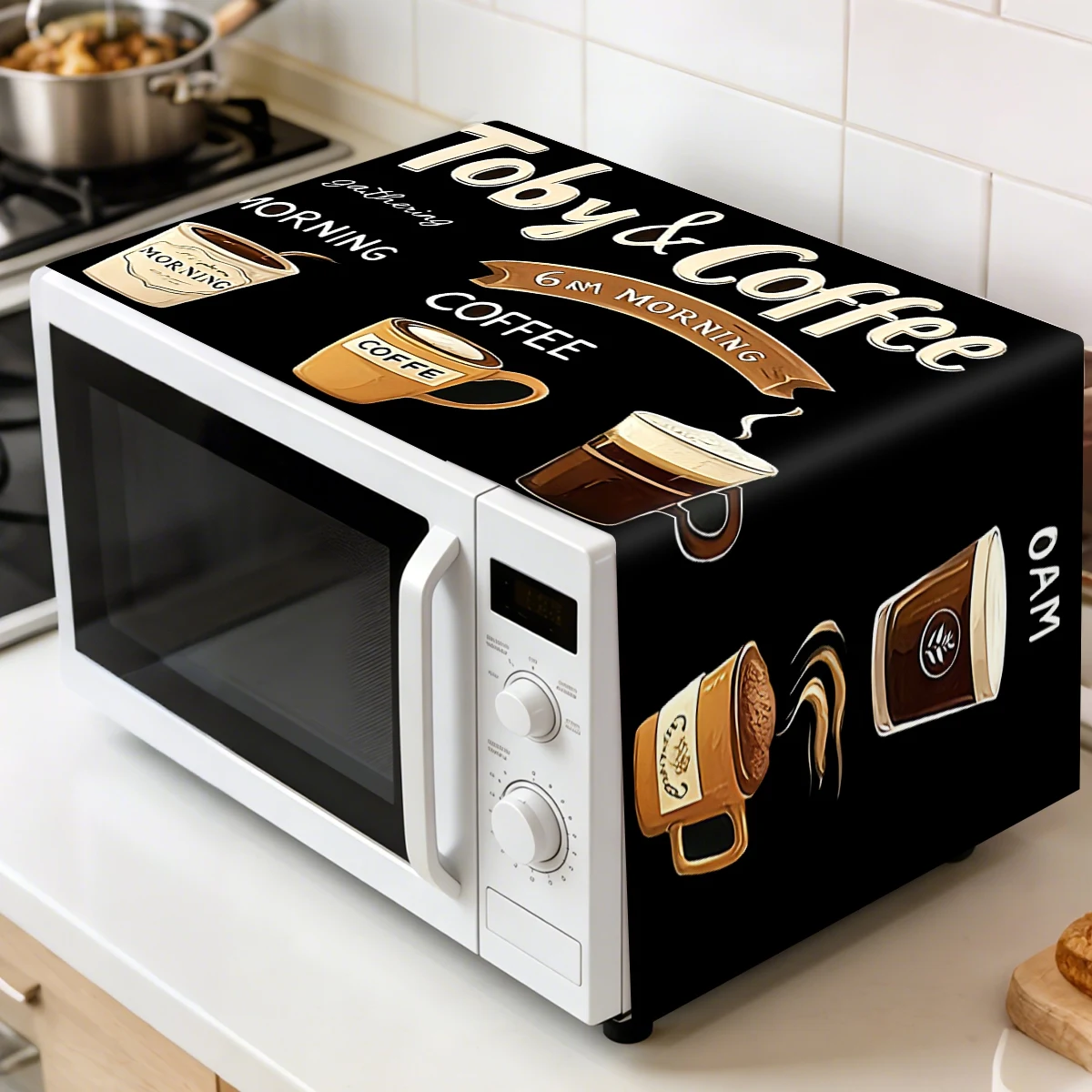 Coffee Theme Oven Dust Cover 35x85cm Coffee Cup Pattern Dustproof Polyester Machine Protector for Home Appliance Dust Cover
