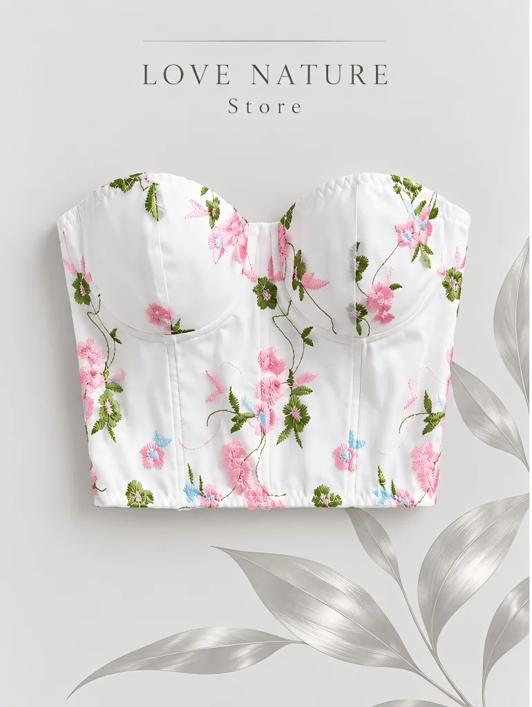 【LOVE NATURE Store】Women’s White Floral Embroidered Strapless Corset Bustier Top
