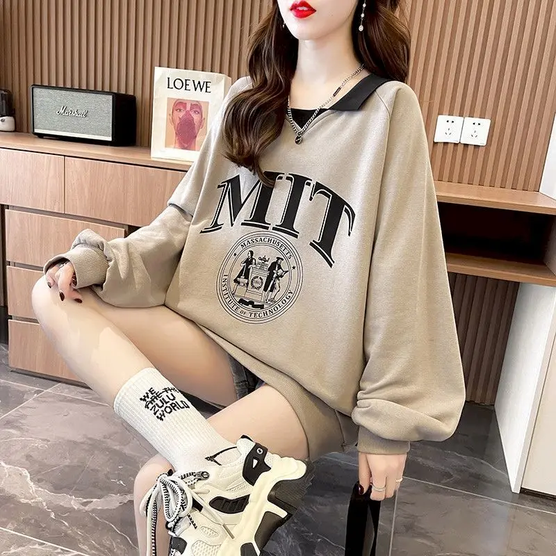 Chic Design Sense Polo Pullovers Women Casual Mid-length Top Spring Autumn Trend Thin Pullover Loose Fake Two-piece Tshirt Y2k