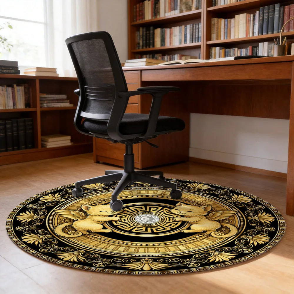 Elegant Round Area Rug with Golden Winged Lion Design for Living Room Bedroom Home Decor