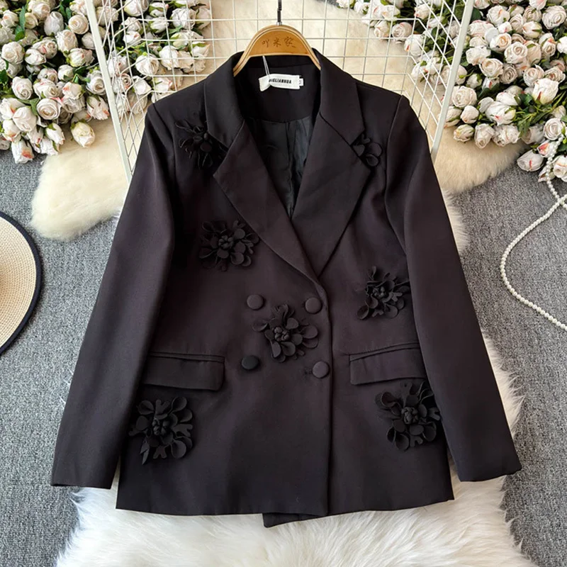 EWQ Fashion 3D Flower Spliced Blazer Women Versatile 2024 Autumn New Notched Collar Double Breasted Long Sleeve Clothing 27X1174