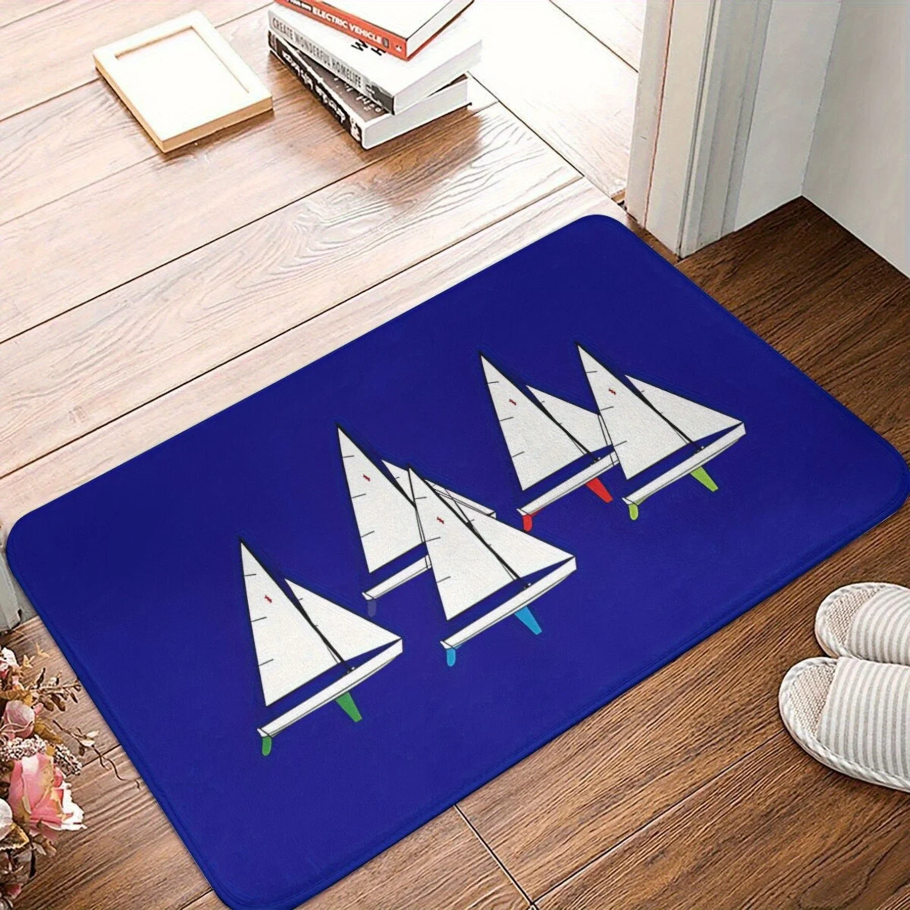 1pc Flannel Bath Mat Holiday Gift Lightning Sailboat Racing Design Machine Washable Mat Suitable For Bathroom And Living Room