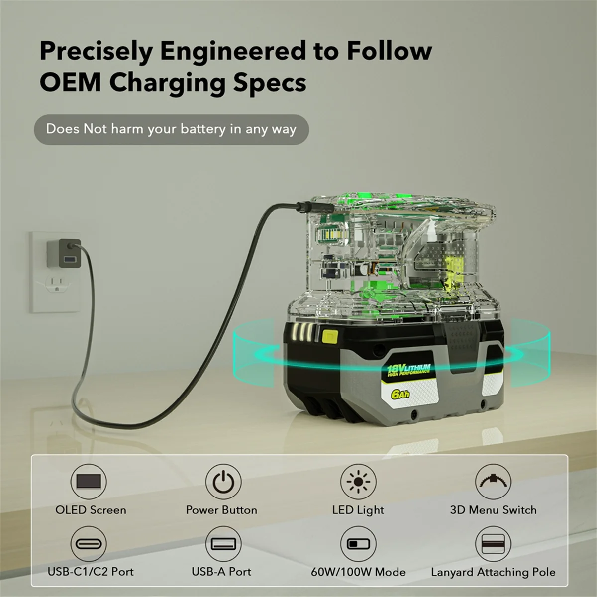 شاحن سريع RYOBI 18 فولت واحد + شاحن بطارية بطارية ليثيوم 100 واط شحن سريع منفذ USB شاحن ثنائي الاتجاه