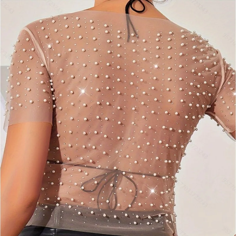 Top T-shirt Women's Sexy Sheer Rhinestone Sequin Cropped Pearl Mesh Fitted Sleeveless Casual Niche Versatile Elegant Distinctive